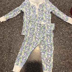 Roller Rabbit White Pajama Set with Blue and Green Puppy Print